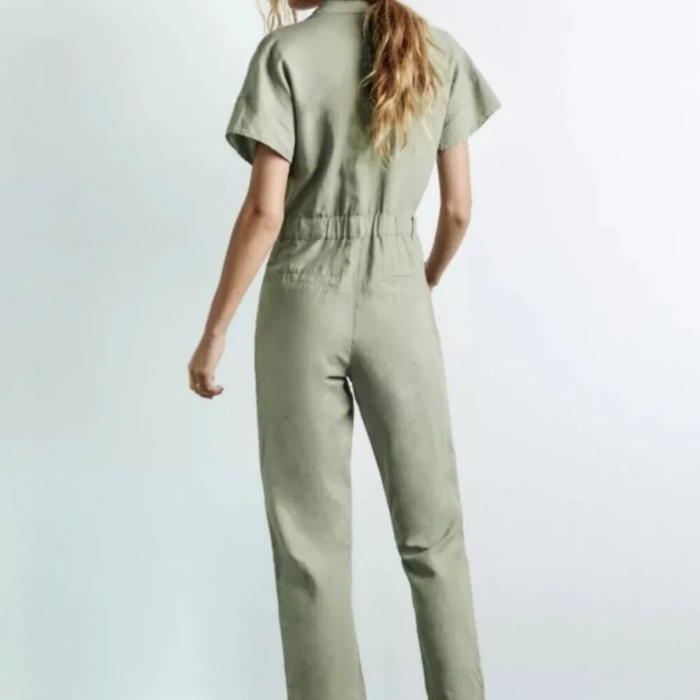 ZARA Green Khaki Linen Blend Short Sleeve Jumpsuit SIZE S 8200/708/506